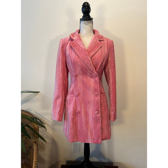 Nasty Gal Pink Crushed Velvet Blazer US 4 Tailored Fit Longline Double Breasted